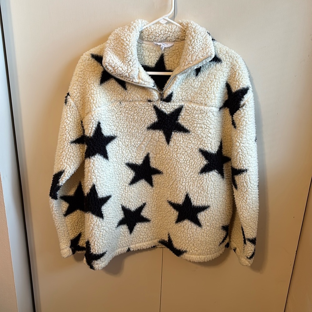 Peach Love Women’s Large Cream Sherpa Black Stars Half Zip Pullover